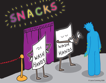 Two signs reading “wash hands” are acting as doormen to a venue named “Snacks”. They stop a man from entering whose hands are covered in germs.